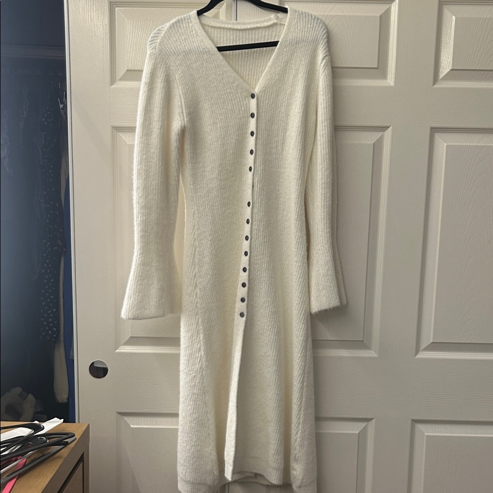 Cream Long Button-Front Knit Dress